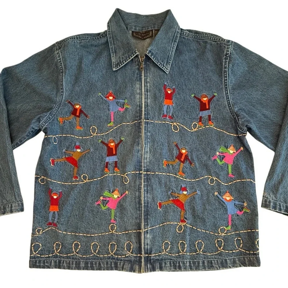 Embroidered Novelty Shacket Ice Skaters Denim Jacket Winter whimsical Teacher M - Picture 1 of 9
